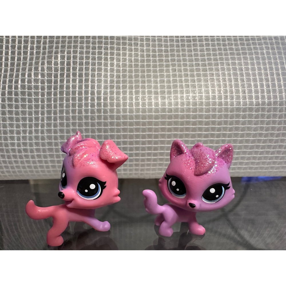 Littlest Pet Shop Pink Dog Purple Cat Glitter Figures LPS Pair G7 Style
